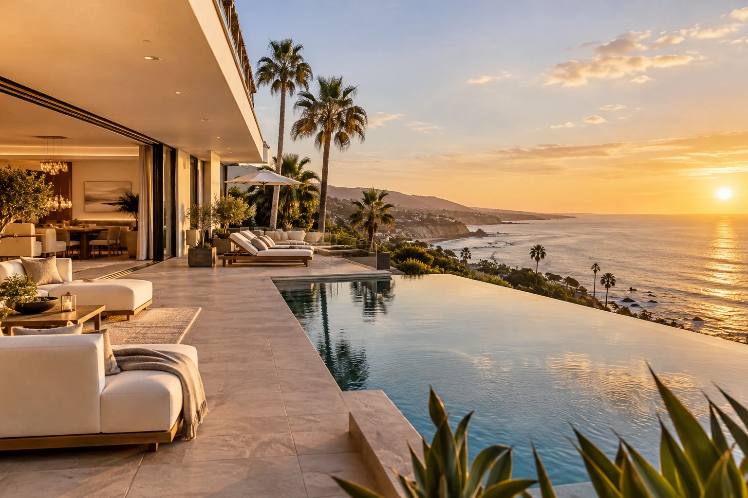 AI-generated illustration — modern hillside villa with infinity pool at sunset
